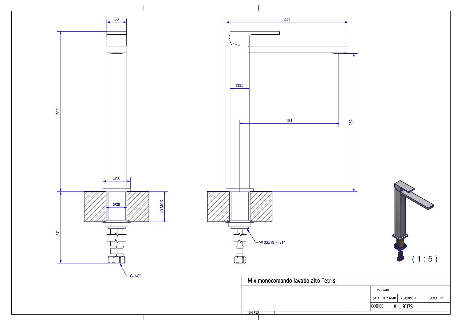 Baterie lavoar inalta Tetris  crom Bugnatese Italia
