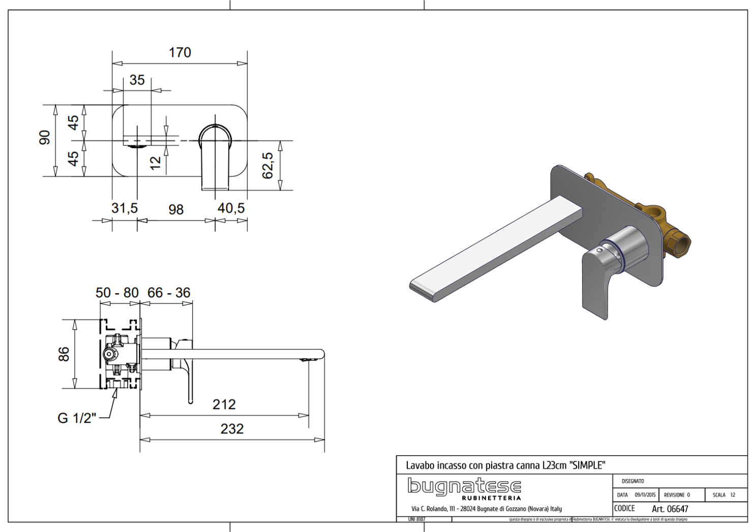 Baterie lavoar incastrata in perete Simple crom Bugnatese Italia