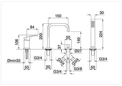 Baterie pe cada cu 4 orificii Vintage crom Bugnatese Italia