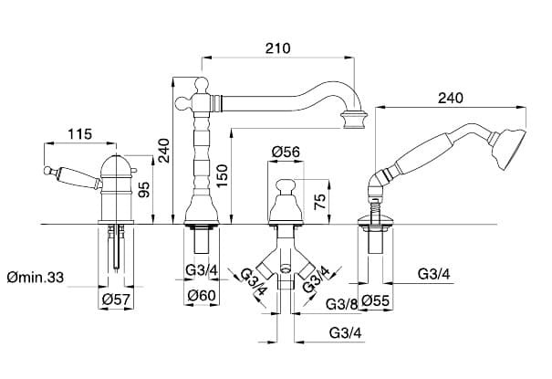 Baterie pe cada termostatata cu 4 orificii Oxford crom Bugnatese Italia