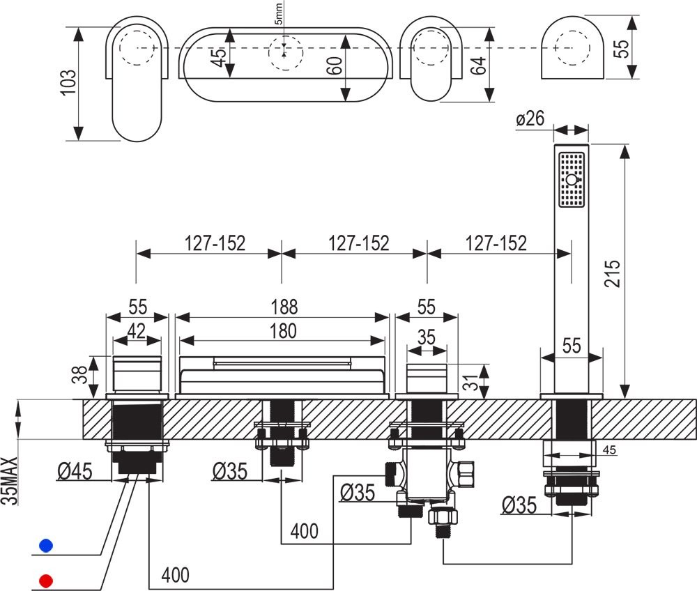 Baterie pe cada cu 4 orificii tip cascada Ravak Cehia