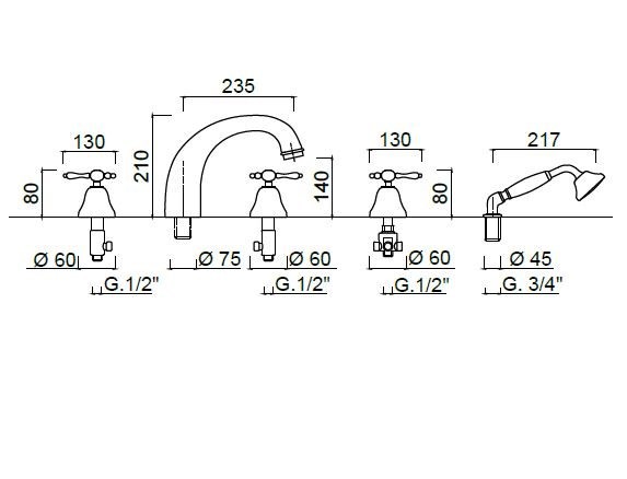 Baterie pe cada cu 5 orificii Praga crom Giulini Italia