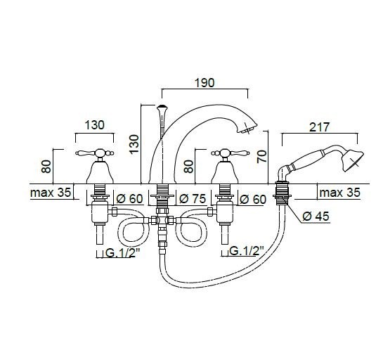Baterie pe cada cu 4 orificii Praga crom Giulini Italia