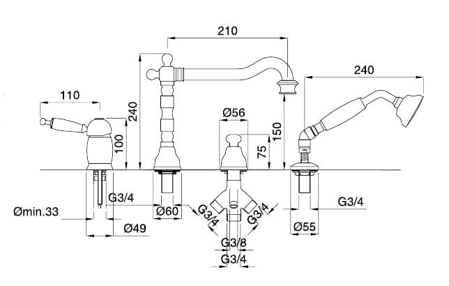 Baterie pe cada cu 4 orificii  Oxford  crom Bugnatese Italia